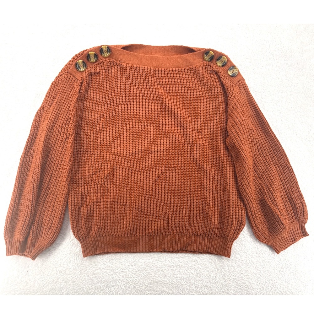 Women's Fall Knit Sweater L Rust Orange Ballon Button Boatneck Cozy Cottage